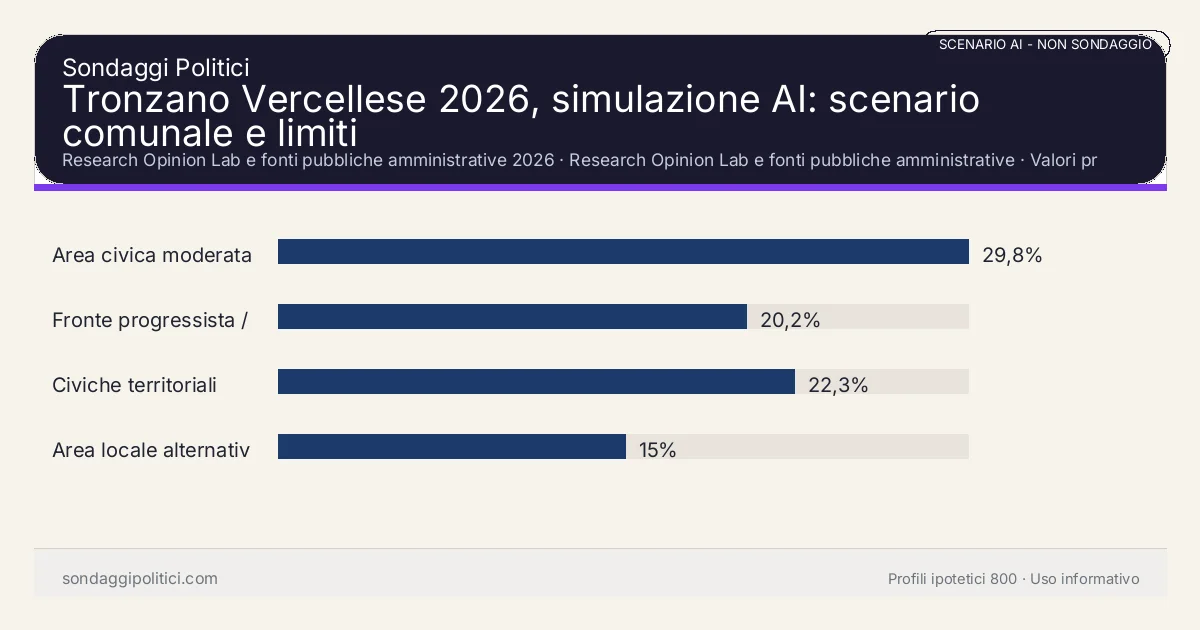NON È UN SONDAGGIO Research Opinion Lab e fonti pubbliche amministrative 2026 Valori prodotti dal Research Opinion Lab e da leggere come scenario editoriale.: Tronzano Vercellese 2026, simulazione AI: scenario comunale e limiti. Risultati: Area civica moderata 29,8%, Fronte progressista / civico 20,2%, Civiche territoriali 22,3%. Scenario AI non demoscopico basato su fonti pubbliche e revisione umana; non è un sondaggio, non misura intenzioni di voto reali e non è una previsione elettorale.