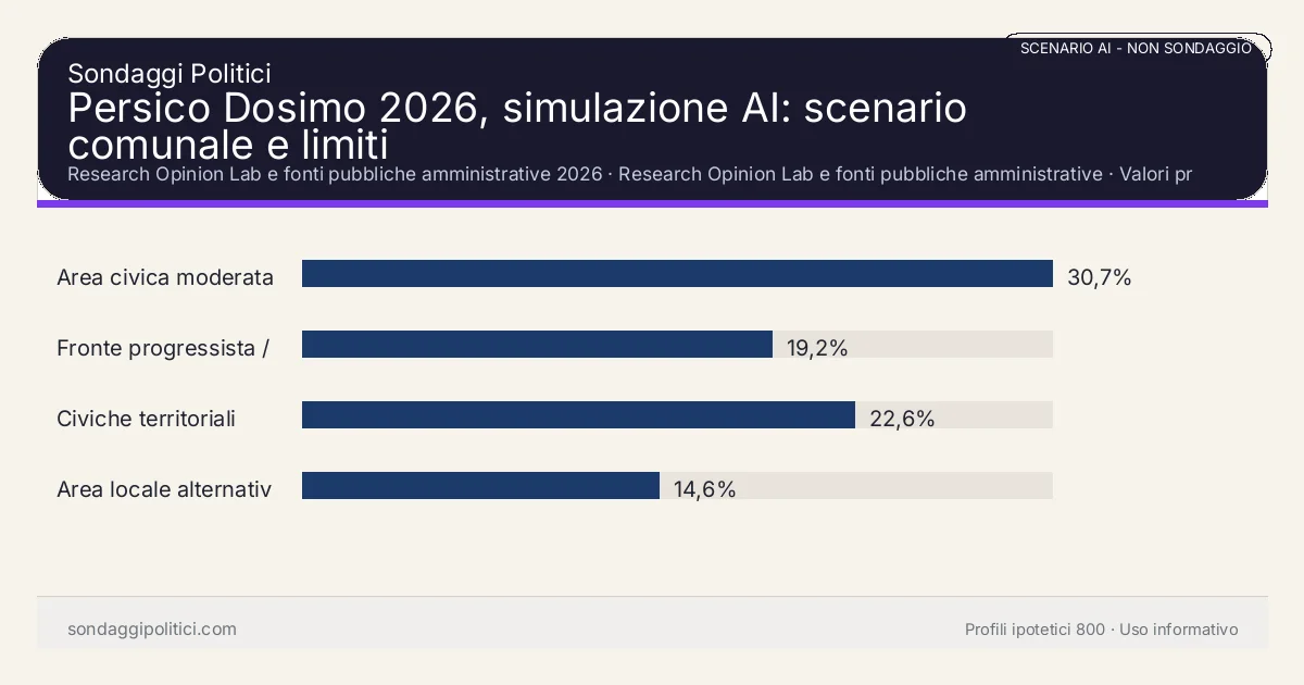 NON È UN SONDAGGIO Research Opinion Lab e fonti pubbliche amministrative 2026 Valori prodotti dal Research Opinion Lab e da leggere come scenario editoriale.: Persico Dosimo 2026, simulazione AI: scenario comunale e limiti. Risultati: Area civica moderata 30,7%, Fronte progressista / civico 19,2%, Civiche territoriali 22,6%. Scenario AI non demoscopico basato su fonti pubbliche e revisione umana; non è un sondaggio, non misura intenzioni di voto reali e non è una previsione elettorale.