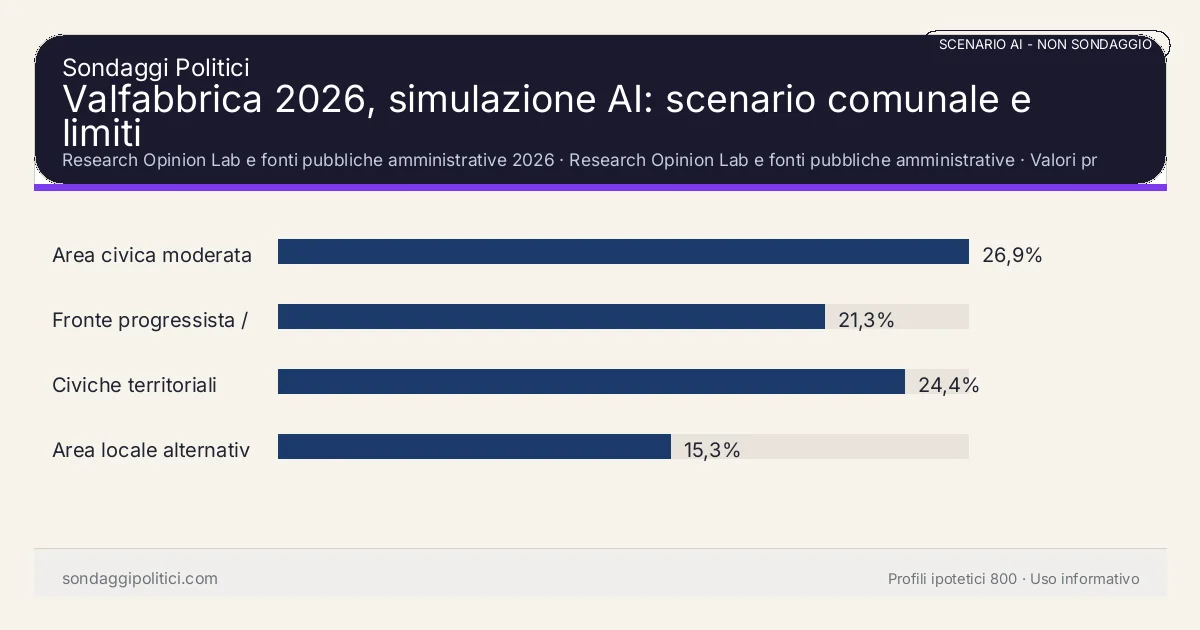 NON È UN SONDAGGIO Research Opinion Lab e fonti pubbliche amministrative 2026 Valori prodotti dal Research Opinion Lab e da leggere come scenario editoriale.: Valfabbrica 2026, simulazione AI: scenario comunale e limiti. Risultati: Area civica moderata 26,9%, Fronte progressista / civico 21,3%, Civiche territoriali 24,4%. Scenario AI non demoscopico basato su fonti pubbliche e revisione umana; non è un sondaggio, non misura intenzioni di voto reali e