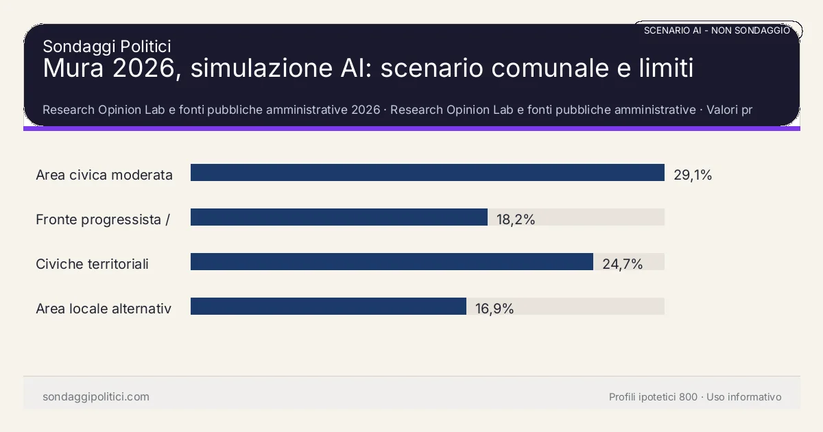 NON È UN SONDAGGIO Research Opinion Lab e fonti pubbliche amministrative 2026 Valori prodotti dal Research Opinion Lab e da leggere come scenario editoriale.: Mura 2026, simulazione AI: scenario comunale e limiti. Risultati: Area civica moderata 29,1%, Fronte progressista / civico 18,2%, Civiche territoriali 24,7%. Scenario AI non demoscopico basato su fonti pubbliche e revisione umana; non è un sondaggio, non misura intenzioni di voto reali e non è una previsione elettorale.
