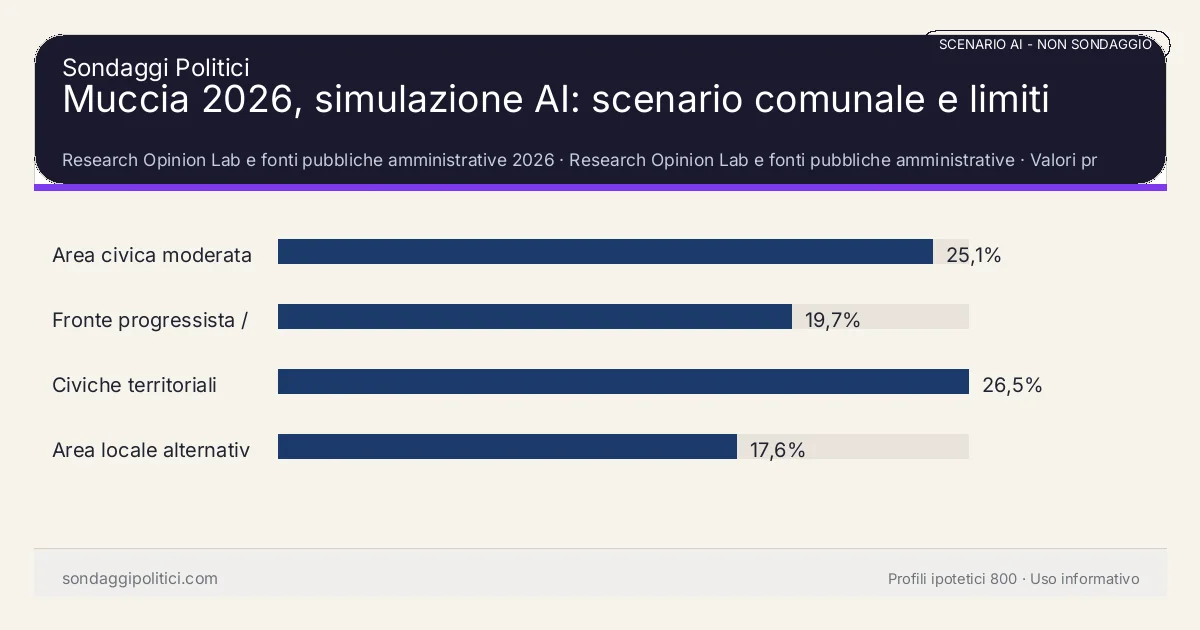 NON È UN SONDAGGIO Research Opinion Lab e fonti pubbliche amministrative 2026 Valori prodotti dal Research Opinion Lab e da leggere come scenario editoriale.: Muccia 2026, simulazione AI: scenario comunale e limiti. Risultati: Area civica moderata 25,1%, Fronte progressista / civico 19,7%, Civiche territoriali 26,5%. Scenario AI non demoscopico basato su fonti pubbliche e revisione umana; non è un sondaggio, non misura intenzioni di voto reali e non è una previsione elettorale.