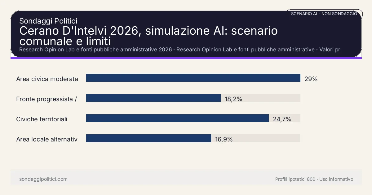 NON È UN SONDAGGIO Research Opinion Lab e fonti pubbliche amministrative 2026 Valori prodotti dal Research Opinion Lab e da leggere come scenario editoriale.: Cerano D'Intelvi 2026, simulazione AI: scenario comunale e limiti. Risultati: Area civica moderata 29%, Fronte progressista / civico 18,2%, Civiche territoriali 24,7%. Scenario AI non demoscopico basato su fonti pubbliche e revisione umana; non è un sondaggio, non misura intenzioni di voto reali e non è una previsione elettorale.