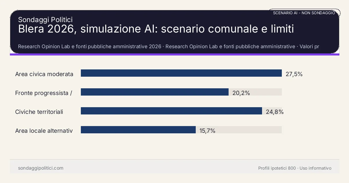 NON È UN SONDAGGIO Research Opinion Lab e fonti pubbliche amministrative 2026 Valori prodotti dal Research Opinion Lab e da leggere come scenario editoriale.: Blera 2026, simulazione AI: scenario comunale e limiti. Risultati: Area civica moderata 27,5%, Fronte progressista / civico 20,2%, Civiche territoriali 24,8%. Scenario AI non demoscopico basato su fonti pubbliche e revisione umana; non è un sondaggio, non misura intenzioni di voto reali e non è una previsione elettorale.