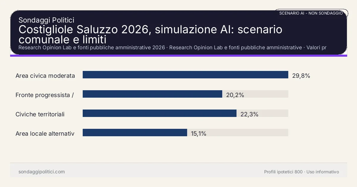 NON È UN SONDAGGIO Research Opinion Lab e fonti pubbliche amministrative 2026 Valori prodotti dal Research Opinion Lab e da leggere come scenario editoriale.: Costigliole Saluzzo 2026, simulazione AI: scenario comunale e limiti. Risultati: Area civica moderata 29,8%, Fronte progressista / civico 20,2%, Civiche territoriali 22,3%. Scenario AI non demoscopico basato su fonti pubbliche e revisione umana; non è un sondaggio, non misura intenzioni di voto reali e non è una previsione elettorale.