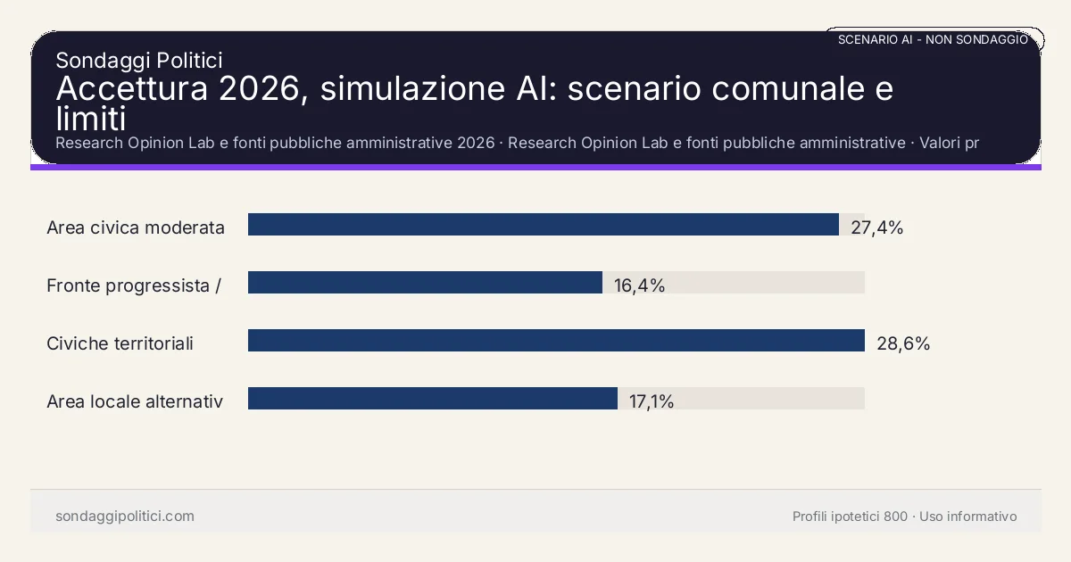NON È UN SONDAGGIO Research Opinion Lab e fonti pubbliche amministrative 2026 Valori prodotti dal Research Opinion Lab e da leggere come scenario editoriale.: Accettura 2026, simulazione AI: scenario comunale e limiti. Risultati: Area civica moderata 27,4%, Fronte progressista / civico 16,4%, Civiche territoriali 28,6%. Scenario AI non demoscopico basato su fonti pubbliche e revisione umana; non è un sondaggio, non misura intenzioni di voto reali e non è una previsione elettorale.