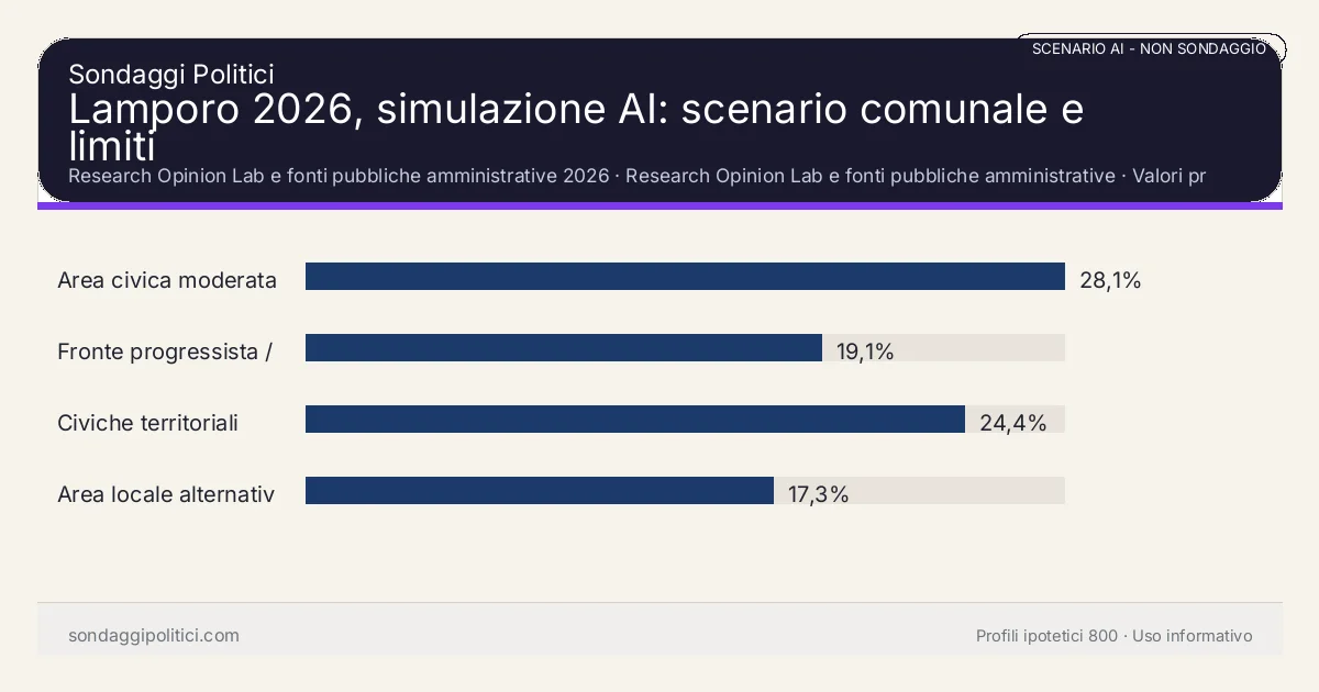 NON È UN SONDAGGIO Research Opinion Lab e fonti pubbliche amministrative 2026 Valori prodotti dal Research Opinion Lab e da leggere come scenario editoriale.: Lamporo 2026, simulazione AI: scenario comunale e limiti. Risultati: Area civica moderata 28,1%, Fronte progressista / civico 19,1%, Civiche territoriali 24,4%. Scenario AI non demoscopico basato su fonti pubbliche e revisione umana; non è un sondaggio, non misura intenzioni di voto reali e non è una previsione elettorale.