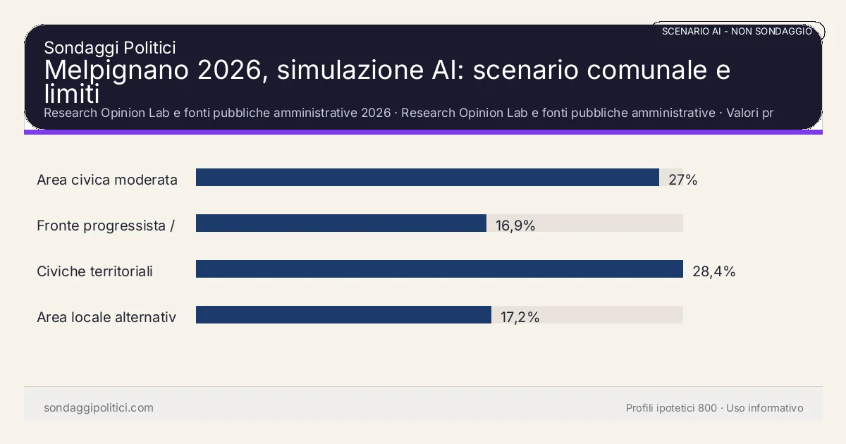 NON È UN SONDAGGIO Research Opinion Lab e fonti pubbliche amministrative 2026 Valori prodotti dal Research Opinion Lab e da leggere come scenario editoriale.: Melpignano 2026, simulazione AI: scenario comunale e limiti. Risultati: Area civica moderata 27%, Fronte progressista / civico 16,9%, Civiche territoriali 28,4%. Scenario AI non demoscopico basato su fonti pubbliche e revisione umana; non è un sondaggio, non misura intenzioni di voto reali e non è una previsione elettorale.