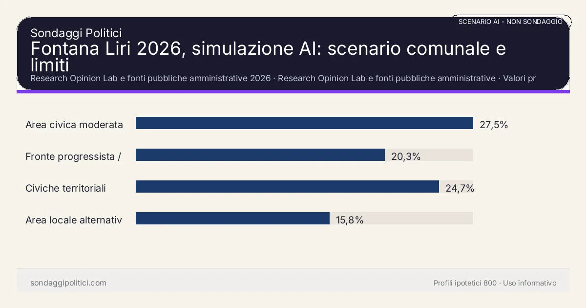 NON È UN SONDAGGIO Research Opinion Lab e fonti pubbliche amministrative 2026 Valori prodotti dal Research Opinion Lab e da leggere come scenario editoriale.: Fontana Liri 2026, simulazione AI: scenario comunale e limiti. Risultati: Area civica moderata 27,5%, Fronte progressista / civico 20,3%, Civiche territoriali 24,7%. Scenario AI non demoscopico basato su fonti pubbliche e revisione umana; non è un sondaggio, non misura intenzioni di voto reali e non è una previsione elettorale.