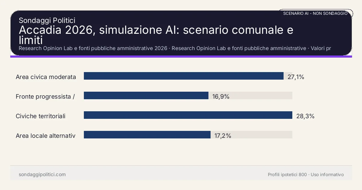 NON È UN SONDAGGIO Research Opinion Lab e fonti pubbliche amministrative 2026 Valori prodotti dal Research Opinion Lab e da leggere come scenario editoriale.: Accadia 2026, simulazione AI: scenario comunale e limiti. Risultati: Area civica moderata 27,1%, Fronte progressista / civico 16,9%, Civiche territoriali 28,3%. Scenario AI non demoscopico basato su fonti pubbliche e revisione umana; non è un sondaggio, non misura intenzioni di voto reali e non è una previsione elettorale.