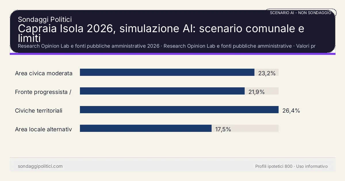 NON È UN SONDAGGIO Research Opinion Lab e fonti pubbliche amministrative 2026 Valori prodotti dal Research Opinion Lab e da leggere come scenario editoriale.: Capraia Isola 2026, simulazione AI: scenario comunale e limiti. Risultati: Area civica moderata 23,2%, Fronte progressista / civico 21,9%, Civiche territoriali 26,4%. Scenario AI non demoscopico basato su fonti pubbliche e revisione umana; non è un sondaggio, non misura intenzioni di voto reali e non è una previsione elettorale.