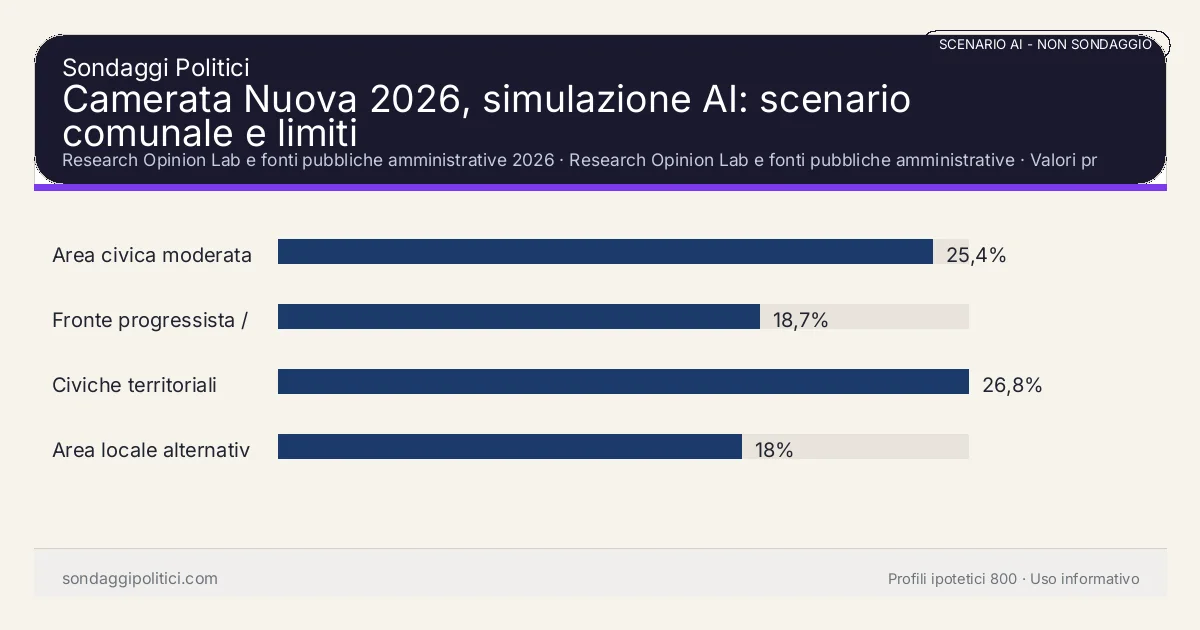 NON È UN SONDAGGIO Research Opinion Lab e fonti pubbliche amministrative 2026 Valori prodotti dal Research Opinion Lab e da leggere come scenario editoriale.: Camerata Nuova 2026, simulazione AI: scenario comunale e limiti. Risultati: Area civica moderata 25,4%, Fronte progressista / civico 18,7%, Civiche territoriali 26,8%. Scenario AI non demoscopico basato su fonti pubbliche e revisione umana; non è un sondaggio, non misura intenzioni di voto reali e non è una previsione elettorale.