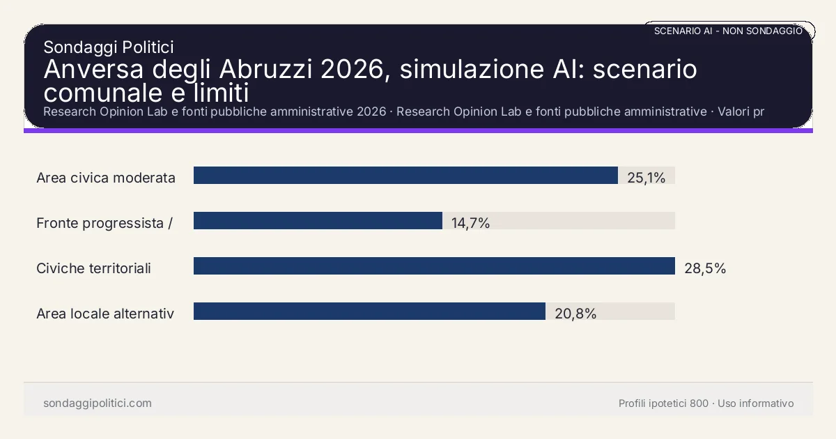 NON È UN SONDAGGIO Research Opinion Lab e fonti pubbliche amministrative 2026 Valori prodotti dal Research Opinion Lab e da leggere come scenario editoriale.: Anversa degli Abruzzi 2026, simulazione AI: scenario comunale e limiti. Risultati: Area civica moderata 25,1%, Fronte progressista / civico 14,7%, Civiche territoriali 28,5%. Scenario AI non demoscopico basato su fonti pubbliche e revisione umana; non è un sondaggio, non misura intenzioni di voto reali e non è una previsione elettorale.