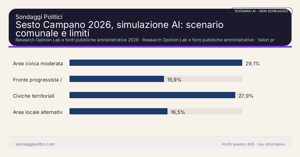 NON È UN SONDAGGIO Research Opinion Lab e fonti pubbliche amministrative 2026 Valori prodotti dal Research Opinion Lab e da leggere come scenario editoriale.: Sesto Campano 2026, simulazione AI: scenario comunale e limiti. Risultati: Area civica moderata 29,1%, Fronte progressista / civico 15,9%, Civiche territoriali 27,9%. Scenario AI non demoscopico basato su fonti pubbliche e revisione umana; non è un sondaggio, non misura intenzioni di voto reali e non è una previsione elettorale.
