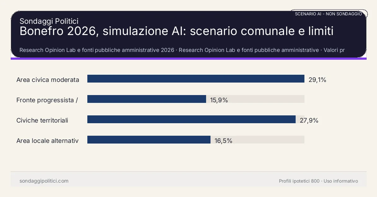 NON È UN SONDAGGIO Research Opinion Lab e fonti pubbliche amministrative 2026 Valori prodotti dal Research Opinion Lab e da leggere come scenario editoriale.: Bonefro 2026, simulazione AI: scenario comunale e limiti. Risultati: Area civica moderata 29,1%, Fronte progressista / civico 15,9%, Civiche territoriali 27,9%. Scenario AI non demoscopico basato su fonti pubbliche e revisione umana; non è un sondaggio, non misura intenzioni di voto reali e non è una previsione elettorale.