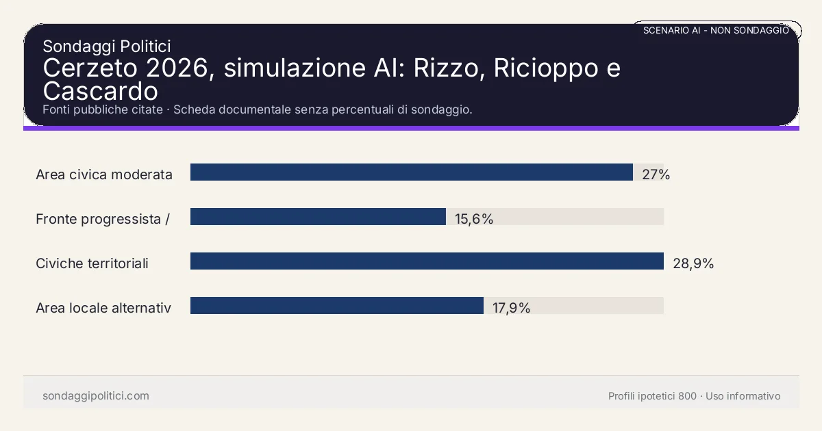 NON È UN SONDAGGIO Fonti pubbliche citate Scheda documentale senza percentuali di sondaggio.: Cerzeto 2026, simulazione AI: Rizzo, Ricioppo e Cascardo. Risultati: Area civica moderata 27%, Fronte progressista / civico 15,6%, Civiche territoriali 28,9%. Scenario AI non demoscopico basato su fonti pubbliche e revisione umana; non è un sondaggio, non misura intenzioni di voto reali e non è una previsione elettorale.