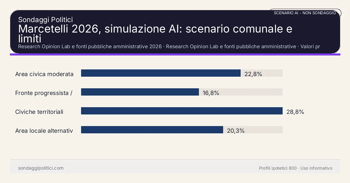 NON È UN SONDAGGIO Research Opinion Lab e fonti pubbliche amministrative 2026 Valori prodotti dal Research Opinion Lab e da leggere come scenario editoriale.: Marcetelli 2026, simulazione AI: scenario comunale e limiti. Risultati: Area civica moderata 22,8%, Fronte progressista / civico 16,8%, Civiche territoriali 28,8%. Scenario AI non demoscopico basato su fonti pubbliche e revisione umana; non è un sondaggio, non misura intenzioni di voto reali e non è una previsione elettorale.