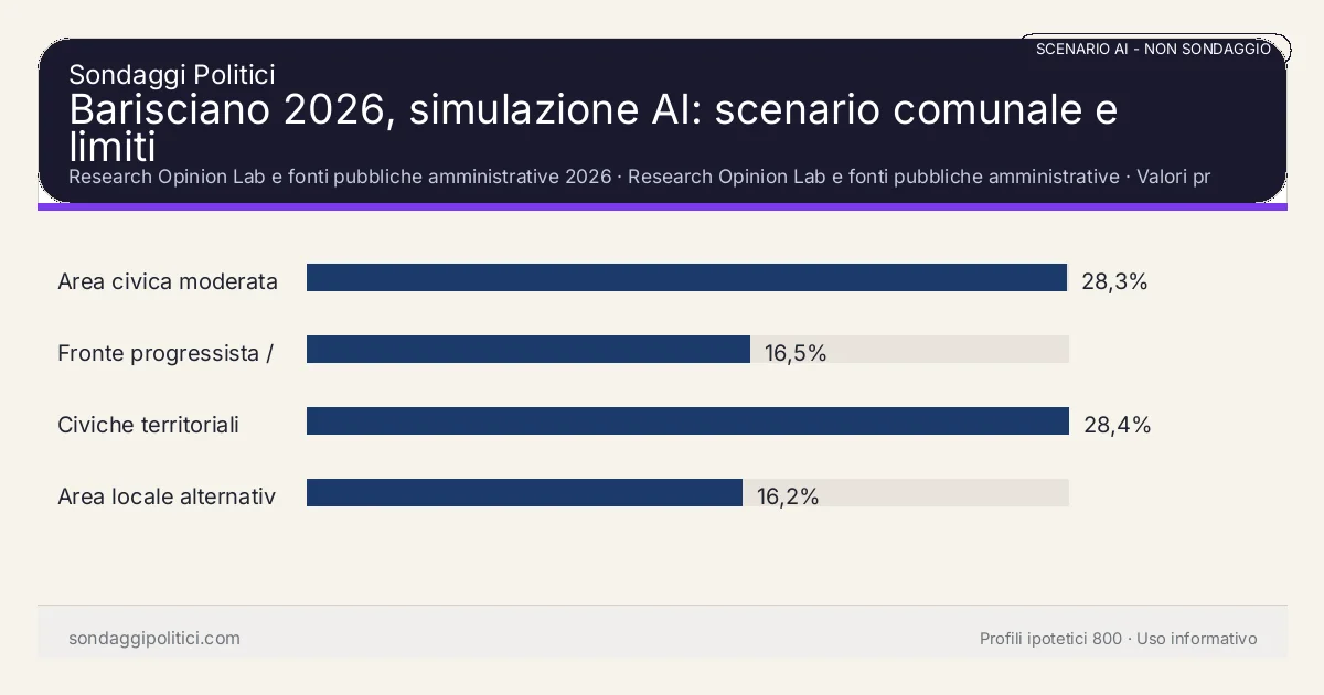 NON È UN SONDAGGIO Research Opinion Lab e fonti pubbliche amministrative 2026 Valori prodotti dal Research Opinion Lab e da leggere come scenario editoriale.: Barisciano 2026, simulazione AI: scenario comunale e limiti. Risultati: Area civica moderata 28,3%, Fronte progressista / civico 16,5%, Civiche territoriali 28,4%. Scenario AI non demoscopico basato su fonti pubbliche e revisione umana; non è un sondaggio, non misura intenzioni di voto reali e non è una previsione elettorale.