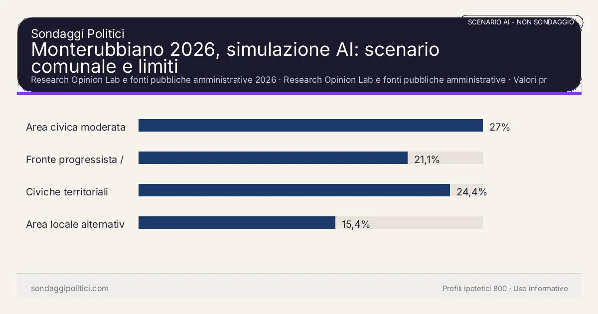 NON È UN SONDAGGIO Research Opinion Lab e fonti pubbliche amministrative 2026 Valori prodotti dal Research Opinion Lab e da leggere come scenario editoriale.: Monterubbiano 2026, simulazione AI: scenario comunale e limiti. Risultati: Area civica moderata 27%, Fronte progressista / civico 21,1%, Civiche territoriali 24,4%. Scenario AI non demoscopico basato su fonti pubbliche e revisione umana; non è un sondaggio, non misura intenzioni di voto reali e non è una previsione elettorale.