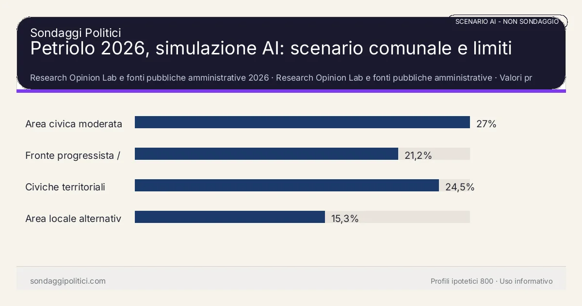 NON È UN SONDAGGIO Research Opinion Lab e fonti pubbliche amministrative 2026 Valori prodotti dal Research Opinion Lab e da leggere come scenario editoriale.: Petriolo 2026, simulazione AI: scenario comunale e limiti. Risultati: Area civica moderata 27%, Fronte progressista / civico 21,2%, Civiche territoriali 24,5%. Scenario AI non demoscopico basato su fonti pubbliche e revisione umana; non è un sondaggio, non misura intenzioni di voto reali e non è una previsione elettorale.