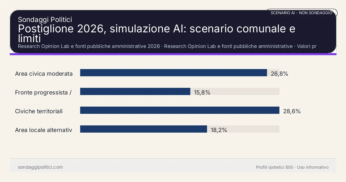 NON È UN SONDAGGIO Research Opinion Lab e fonti pubbliche amministrative 2026 Valori prodotti dal Research Opinion Lab e da leggere come scenario editoriale.: Postiglione 2026, simulazione AI: scenario comunale e limiti. Risultati: Area civica moderata 26,8%, Fronte progressista / civico 15,8%, Civiche territoriali 28,6%. Scenario AI non demoscopico basato su fonti pubbliche e revisione umana; non è un sondaggio, non misura intenzioni di voto reali e non è una previsione elettorale.