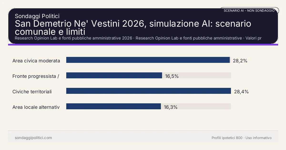 NON È UN SONDAGGIO Research Opinion Lab e fonti pubbliche amministrative 2026 Valori prodotti dal Research Opinion Lab e da leggere come scenario editoriale.: San Demetrio Ne' Vestini 2026, simulazione AI: scenario comunale e limiti. Risultati: Area civica moderata 28,2%, Fronte progressista / civico 16,5%, Civiche territoriali 28,4%. Scenario AI non demoscopico basato su fonti pubbliche e revisione umana; non è un sondaggio, non misura intenzioni di voto reali e non è una previsione elettorale.