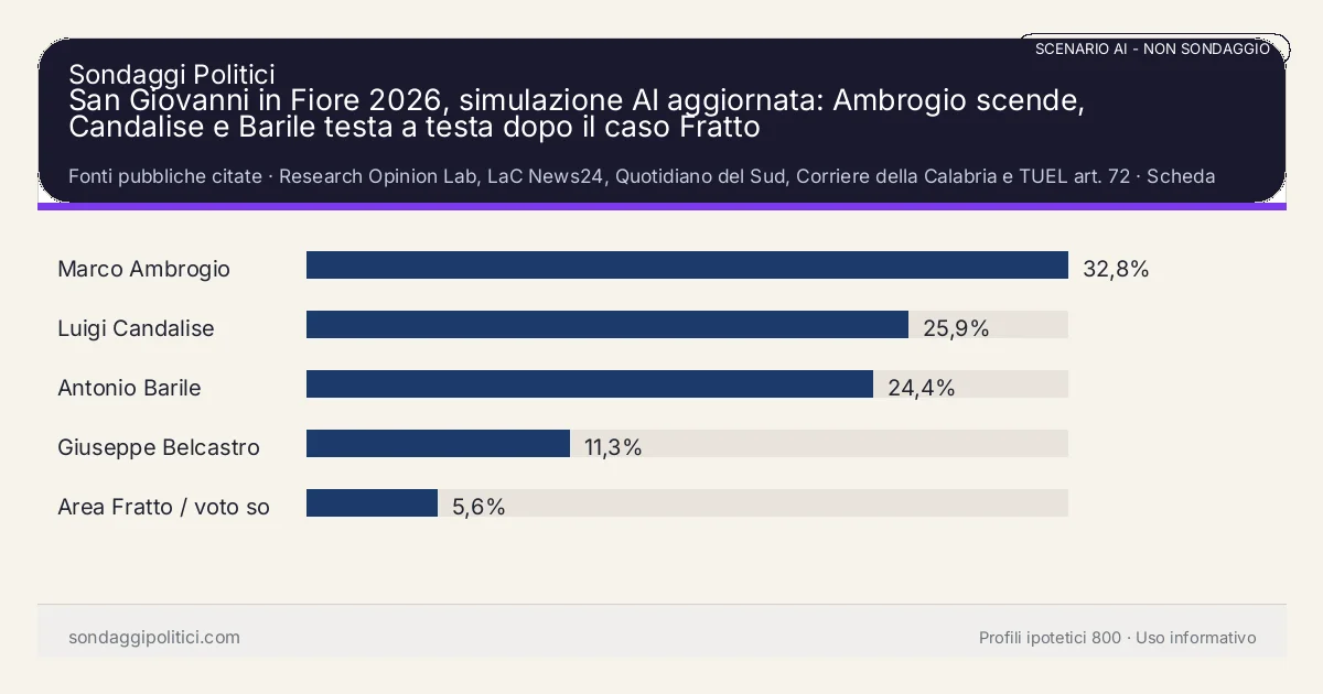 NON È UN SONDAGGIO Fonti pubbliche citate Scheda documentale senza percentuali di sondaggio.: San Giovanni in Fiore 2026, simulazione AI aggiornata: Ambrogio scende, Candalise e Barile testa a testa dopo il caso Fratto. Risultati: Marco Ambrogio 32,8%, Luigi Candalise 25,9%, Antonio Barile 24,4%. Scenario AI non demoscopico basato su fonti pubbliche e revisione umana; non è un sondaggio, non misura intenzioni di voto reali e non è una previsione elettorale.