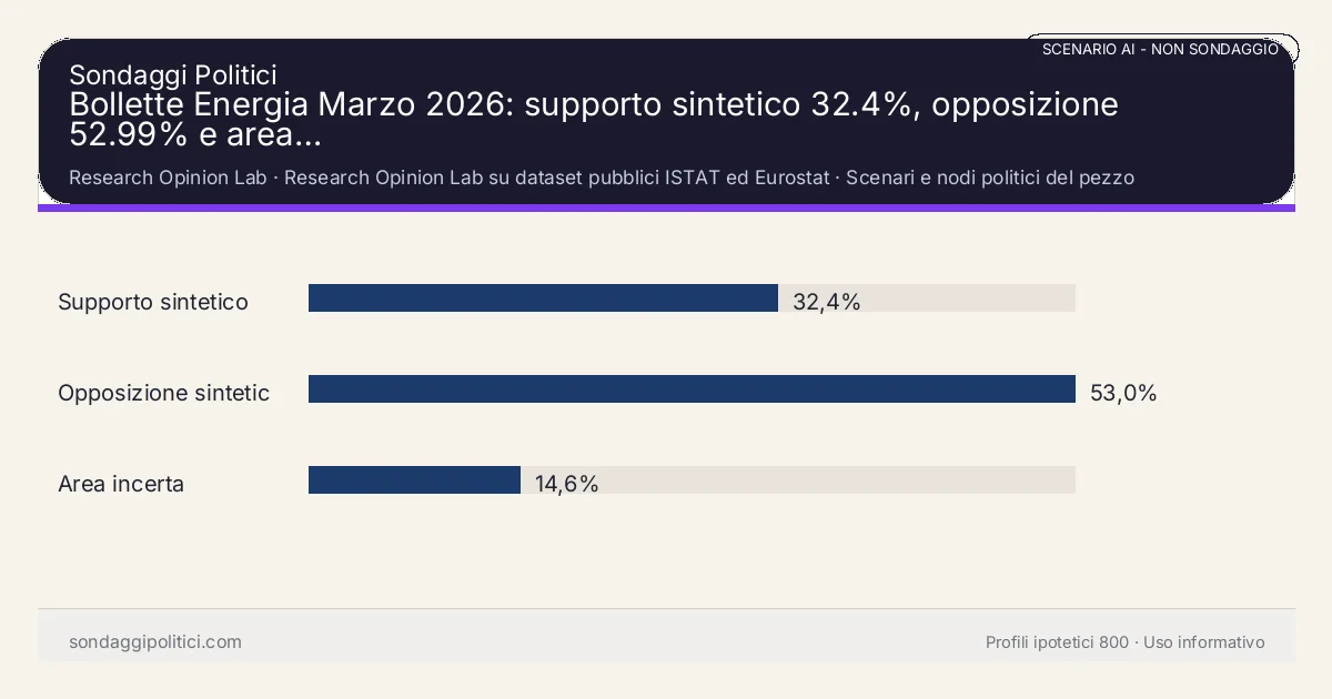 NON È UN SONDAGGIO Research Opinion Lab Scenari e nodi politici del pezzo: Bollette Energia Marzo 2026: supporto sintetico 32.4%, opposizione 52.99% e area…. Risultati: Supporto sintetico 32,4%, Opposizione sintetica 53,0%, Area incerta 14,6%. Scenario AI non demoscopico con revisione umana: usare come lettura di contesto, non come rilevazione.