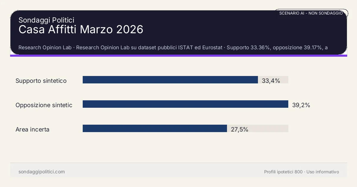 NON È UN SONDAGGIO Research Opinion Lab Supporto 33.36%, opposizione 39.17%, area incerta 27.47%: Casa Affitti Marzo 2026. Risultati: Supporto sintetico 33,4%, Opposizione sintetica 39,2%, Area incerta 27,5%. Scenario AI non demoscopico con revisione umana: usare come lettura di contesto, non come rilevazione.
