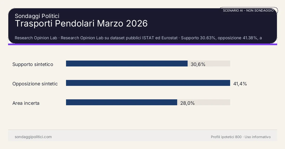 NON È UN SONDAGGIO Research Opinion Lab Supporto 30.63%, opposizione 41.38%, area incerta 27.99%: Trasporti Pendolari Marzo 2026. Risultati: Supporto sintetico 30,6%, Opposizione sintetica 41,4%, Area incerta 28,0%. Scenario AI non demoscopico con revisione umana: usare come lettura di contesto, non come rilevazione.