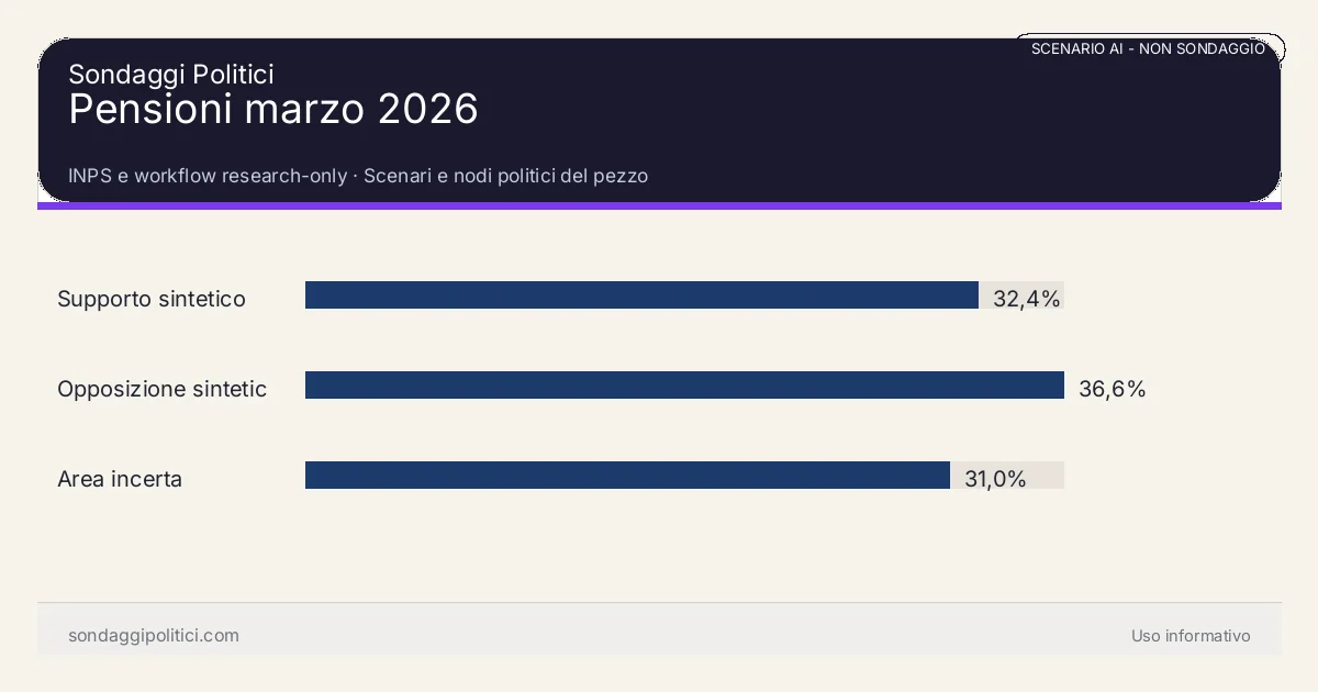 NON È UN SONDAGGIO INPS e workflow research-only Scenari e nodi politici del pezzo: Pensioni marzo 2026. Risultati: Supporto sintetico 32,4%, Opposizione sintetica 36,6%, Area incerta 31,0%. Scenario AI non demoscopico con revisione umana: usare come lettura di contesto, non come rilevazione.