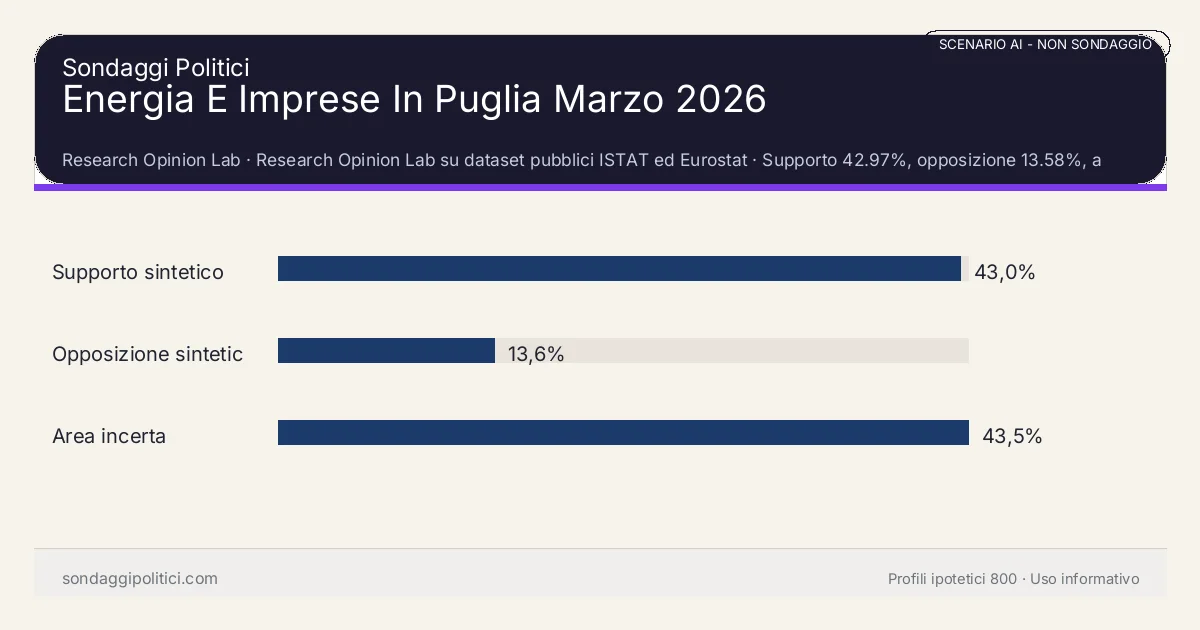 NON È UN SONDAGGIO Research Opinion Lab Supporto 42.97%, opposizione 13.58%, area incerta 43.45%: Energia E Imprese In Puglia Marzo 2026. Risultati: Supporto sintetico 43,0%, Opposizione sintetica 13,6%, Area incerta 43,5%. Scenario AI non demoscopico con revisione umana: usare come lettura di contesto, non come rilevazione.