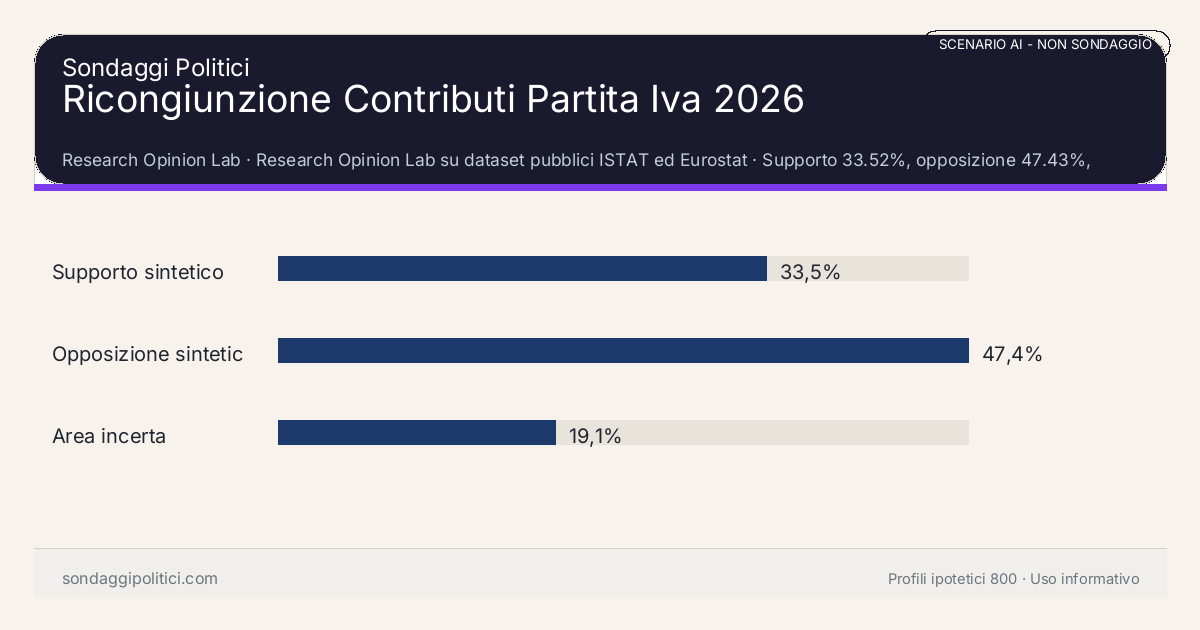 NON È UN SONDAGGIO Research Opinion Lab Supporto 33.52%, opposizione 47.43%, area incerta 19.05%: Ricongiunzione Contributi Partita Iva 2026. Risultati: Supporto sintetico 33,5%, Opposizione sintetica 47,4%, Area incerta 19,1%. Scenario AI non demoscopico con revisione umana: usare come lettura di contesto, non come rilevazione.