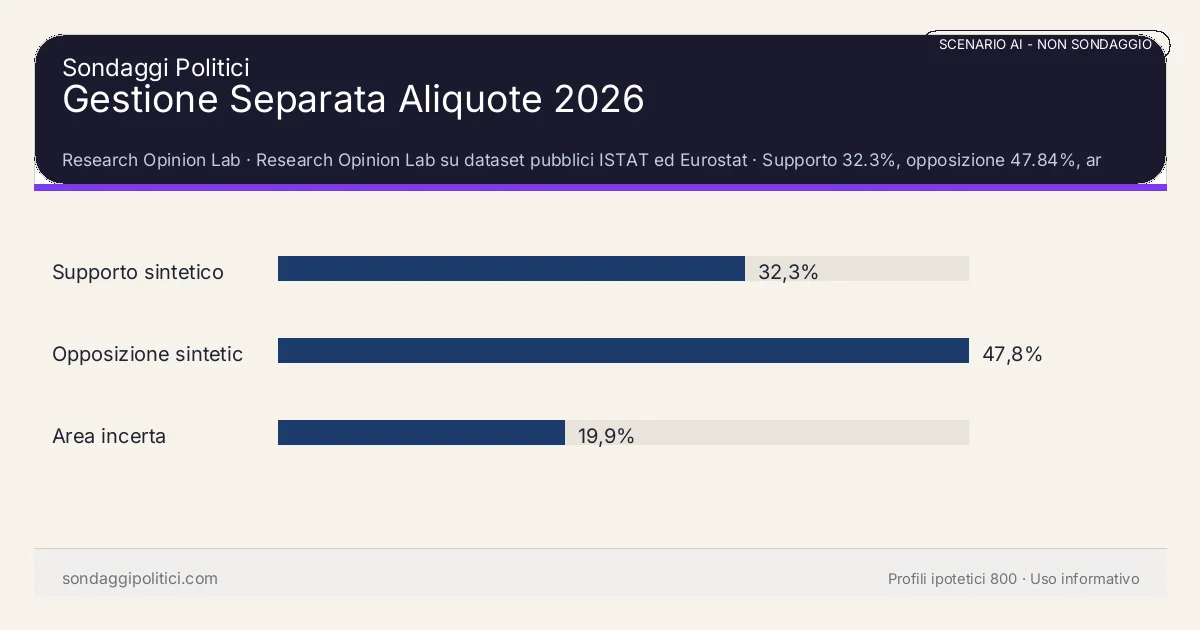 NON È UN SONDAGGIO Research Opinion Lab Supporto 32.3%, opposizione 47.84%, area incerta 19.86%: Gestione Separata Aliquote 2026. Risultati: Supporto sintetico 32,3%, Opposizione sintetica 47,8%, Area incerta 19,9%. Scenario AI non demoscopico con revisione umana: usare come lettura di contesto, non come rilevazione.