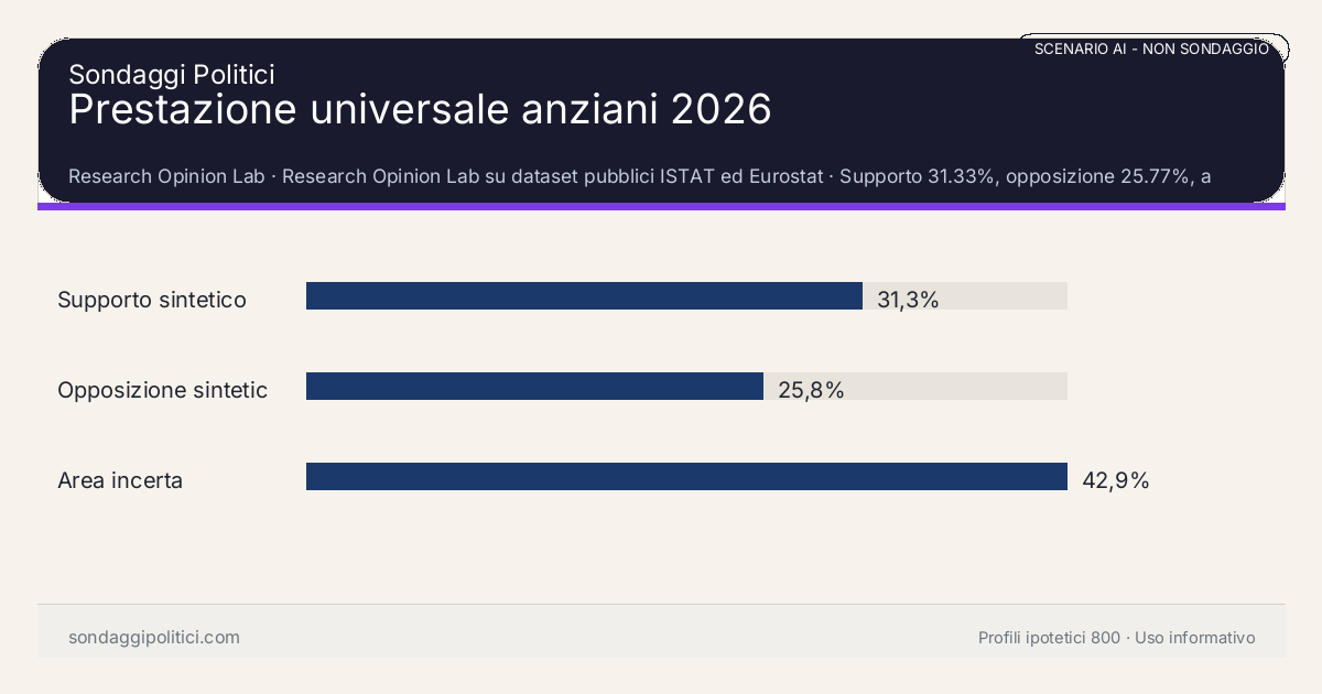 NON È UN SONDAGGIO Research Opinion Lab Supporto 31.33%, opposizione 25.77%, area incerta 42.91%: Prestazione universale anziani 2026. Risultati: Supporto sintetico 31,3%, Opposizione sintetica 25,8%, Area incerta 42,9%. Scenario AI non demoscopico con revisione umana: usare come lettura di contesto, non come rilevazione.