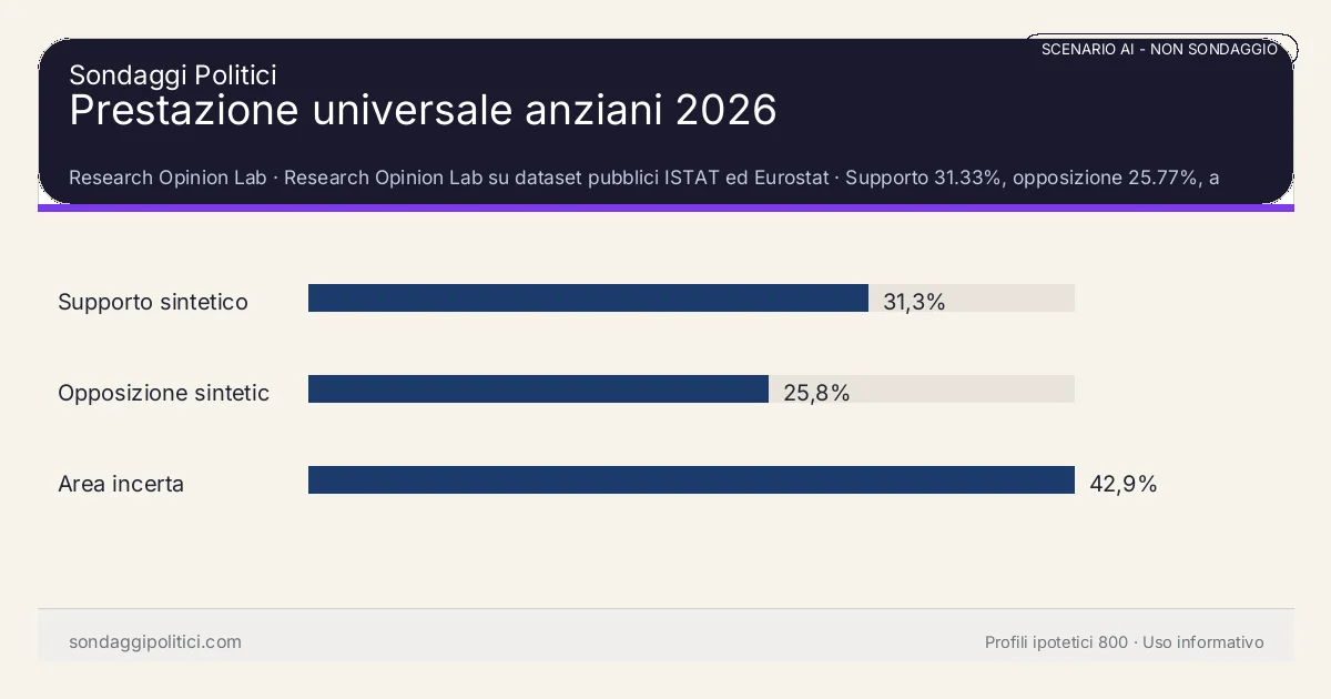 NON È UN SONDAGGIO Research Opinion Lab Supporto 31.33%, opposizione 25.77%, area incerta 42.91%: Prestazione universale anziani 2026. Risultati: Supporto sintetico 31,3%, Opposizione sintetica 25,8%, Area incerta 42,9%. Scenario AI non demoscopico con revisione umana: usare come lettura di contesto, non come rilevazione.