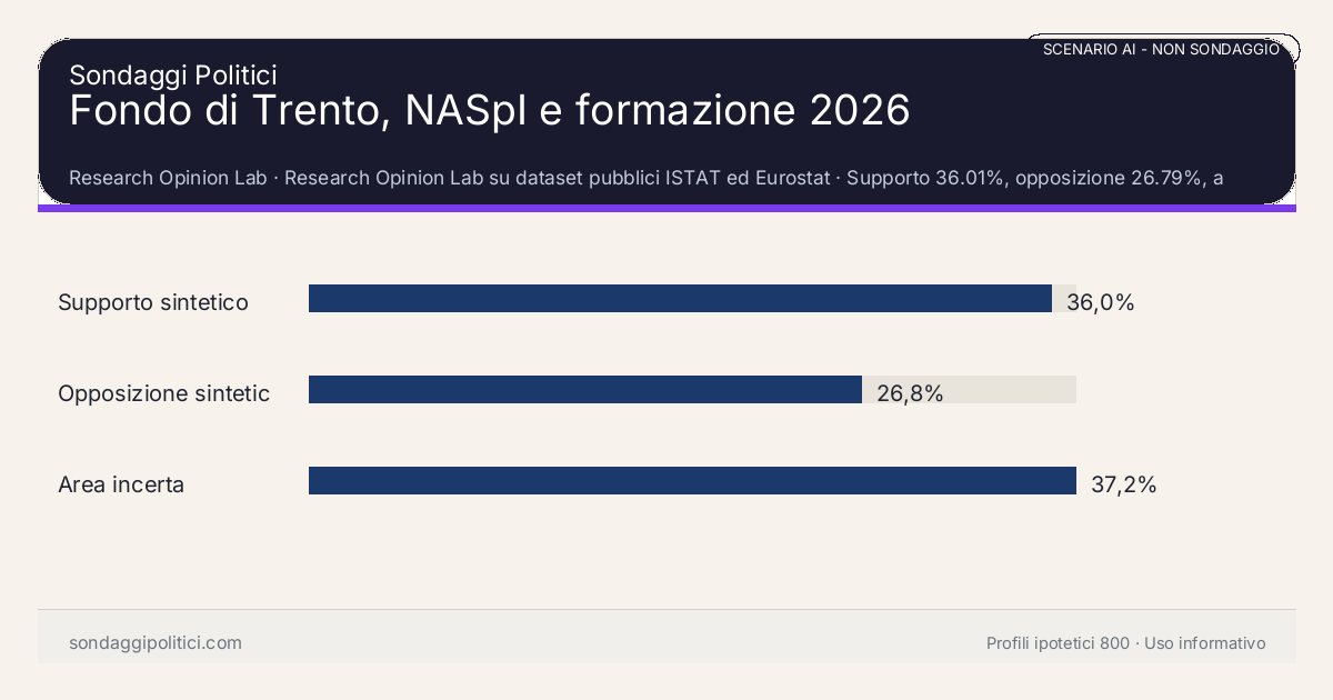 NON È UN SONDAGGIO Research Opinion Lab Supporto 36.01%, opposizione 26.79%, area incerta 37.2%: Fondo di Trento, NASpI e formazione 2026. Risultati: Supporto sintetico 36,0%, Opposizione sintetica 26,8%, Area incerta 37,2%. Scenario AI non demoscopico con revisione umana: usare come lettura di contesto, non come rilevazione.