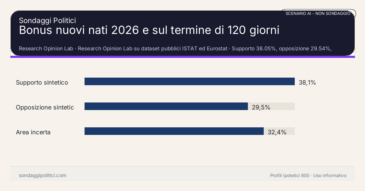 NON È UN SONDAGGIO Research Opinion Lab Supporto 38.05%, opposizione 29.54%, area incerta 32.41%: Bonus nuovi nati 2026 e sul termine di 120 giorni. Risultati: Supporto sintetico 38,1%, Opposizione sintetica 29,5%, Area incerta 32,4%. Scenario AI non demoscopico con revisione umana: usare come lettura di contesto, non come rilevazione.