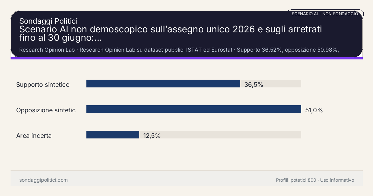 NON È UN SONDAGGIO Research Opinion Lab Supporto 36.52%, opposizione 50.98%, area incerta 12.5%: Scenario AI non demoscopico sull’assegno unico 2026 e sugli arretrati fino al 30 giugno:…. Risultati: Supporto sintetico 36,5%, Opposizione sintetica 51,0%, Area incerta 12,5%. Scenario AI non demoscopico con revisione umana: usare come lettura di contesto, non come rilevazione.
