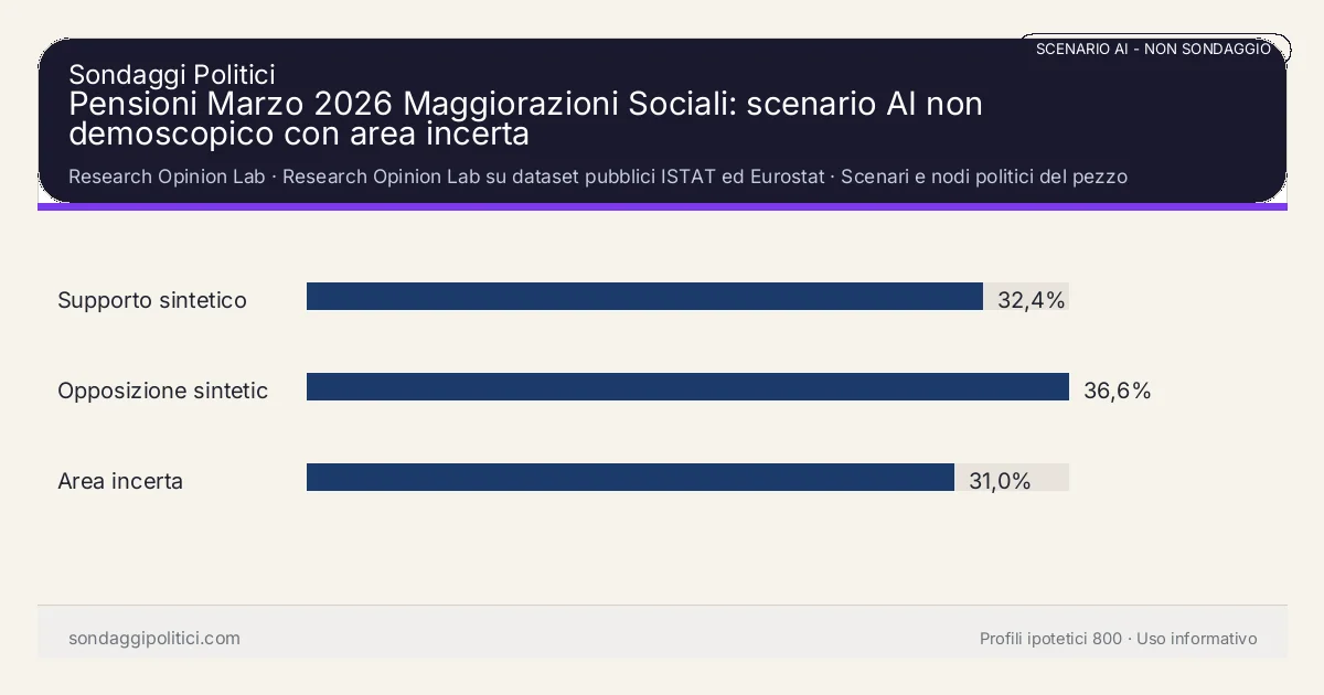 NON È UN SONDAGGIO Research Opinion Lab Scenari e nodi politici del pezzo: Pensioni Marzo 2026 Maggiorazioni Sociali: scenario AI non demoscopico con area incerta. Risultati: Supporto sintetico 32,4%, Opposizione sintetica 36,6%, Area incerta 31,0%. Scenario AI non demoscopico con revisione umana: usare come lettura di contesto, non come rilevazione.