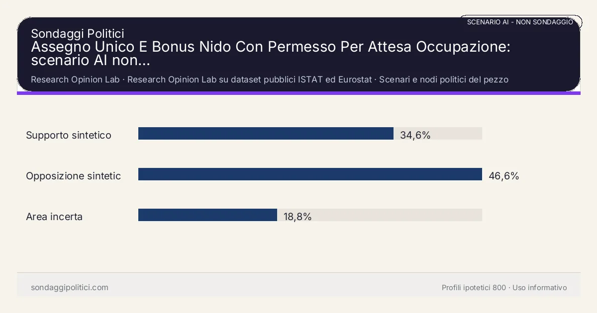 NON È UN SONDAGGIO Research Opinion Lab Scenari e nodi politici del pezzo: Assegno Unico E Bonus Nido Con Permesso Per Attesa Occupazione: scenario AI non…. Risultati: Supporto sintetico 34,6%, Opposizione sintetica 46,6%, Area incerta 18,8%. Scenario AI non demoscopico con revisione umana: usare come lettura di contesto, non come rilevazione.