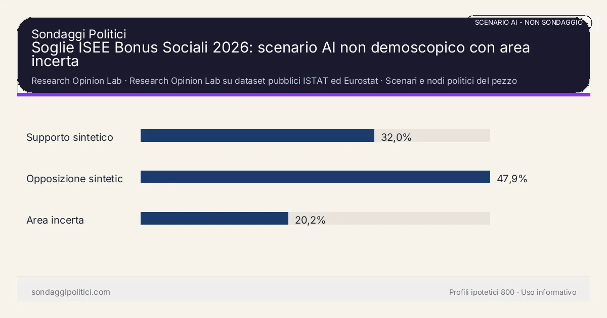 NON È UN SONDAGGIO Research Opinion Lab Scenari e nodi politici del pezzo: Soglie ISEE Bonus Sociali 2026: scenario AI non demoscopico con area incerta. Risultati: Supporto sintetico 32,0%, Opposizione sintetica 47,9%, Area incerta 20,2%. Scenario AI non demoscopico con revisione umana: usare come lettura di contesto, non come rilevazione.