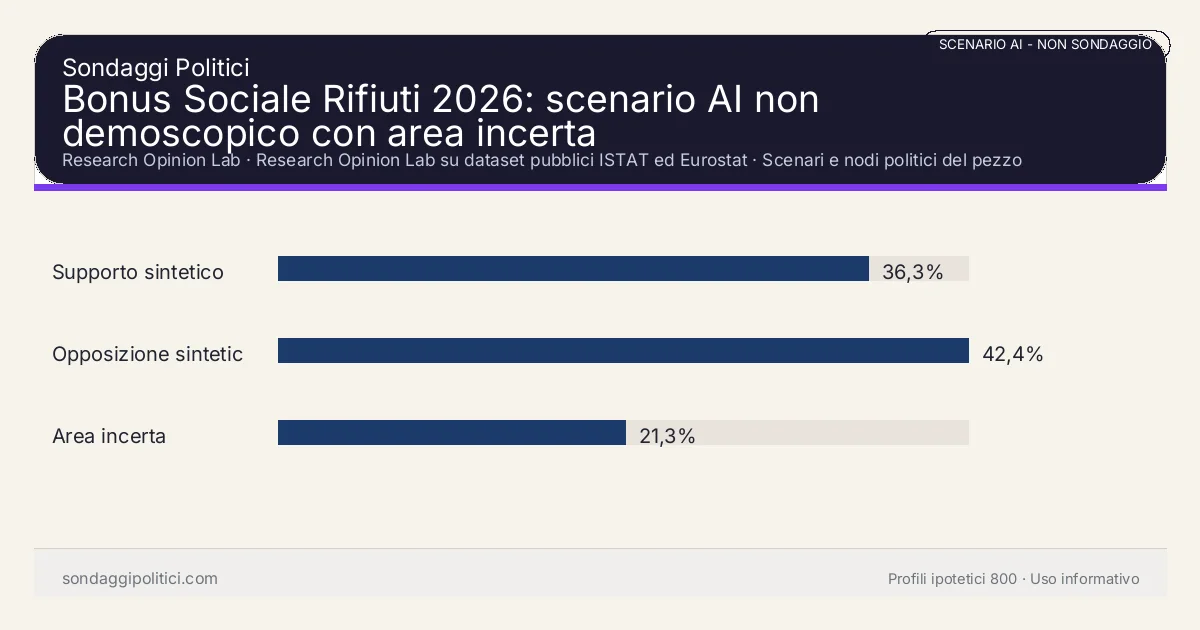 NON È UN SONDAGGIO Research Opinion Lab Scenari e nodi politici del pezzo: Bonus Sociale Rifiuti 2026: scenario AI non demoscopico con area incerta. Risultati: Supporto sintetico 36,3%, Opposizione sintetica 42,4%, Area incerta 21,3%. Scenario AI non demoscopico con revisione umana: usare come lettura di contesto, non come rilevazione.