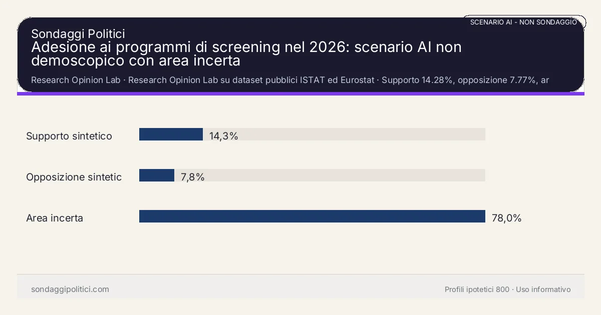 NON È UN SONDAGGIO Research Opinion Lab Supporto 14.28%, opposizione 7.77%, area incerta 77.95%: Adesione ai programmi di screening nel 2026: scenario AI non demoscopico con area incerta. Risultati: Supporto sintetico 14,3%, Opposizione sintetica 7,8%, Area incerta 78,0%. Scenario AI non demoscopico con revisione umana: usare come lettura di contesto, non come rilevazione.