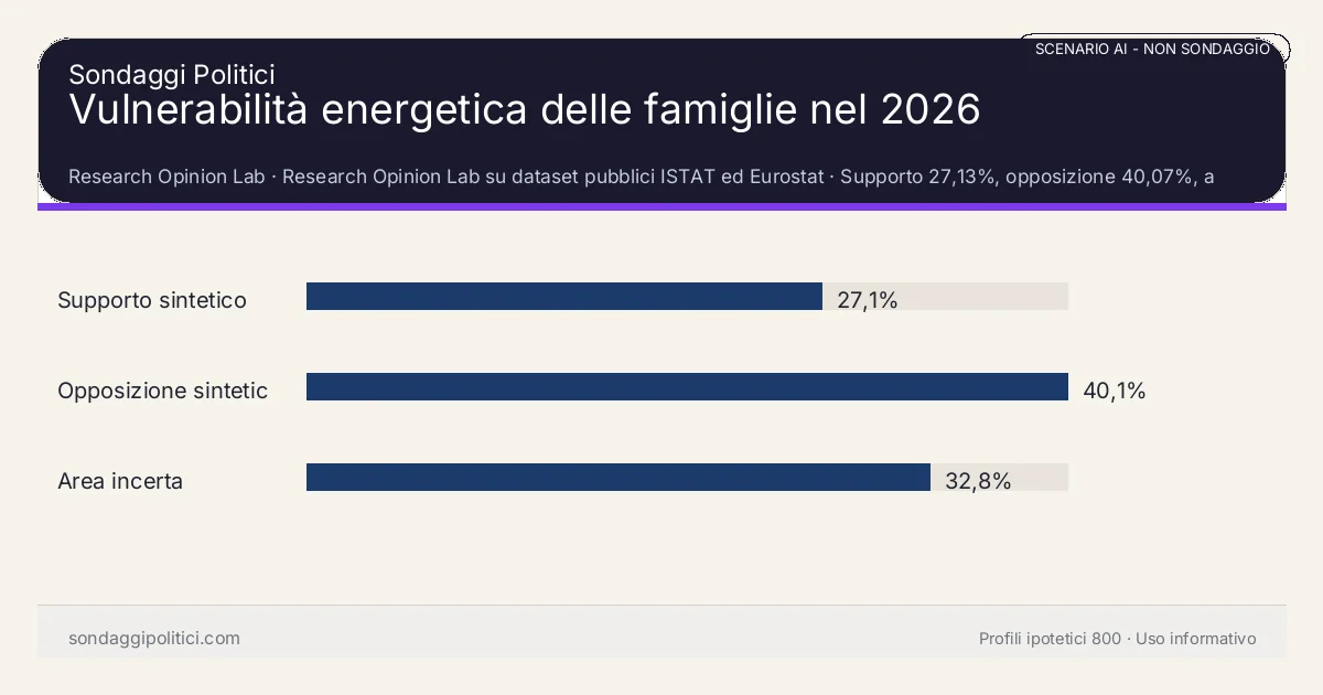 NON È UN SONDAGGIO Research Opinion Lab Supporto 27,13%, opposizione 40,07%, area incerta 32,8%: Vulnerabilità energetica delle famiglie nel 2026. Risultati: Supporto sintetico 27,1%, Opposizione sintetica 40,1%, Area incerta 32,8%. Scenario AI non demoscopico con revisione umana: usare come lettura di contesto, non come rilevazione.
