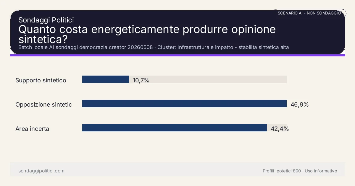 NON È UN SONDAGGIO Batch locale AI sondaggi democrazia creator 20260508 Cluster: Infrastruttura e impatto - stabilita sintetica alta: Quanto costa energeticamente produrre opinione sintetica?. Risultati: Supporto sintetico 10,7%, Opposizione sintetica 46,9%, Area incerta 42,4%. Scenario AI non demoscopico con revisione umana: usare come lettura di contesto, non come rilevazione.