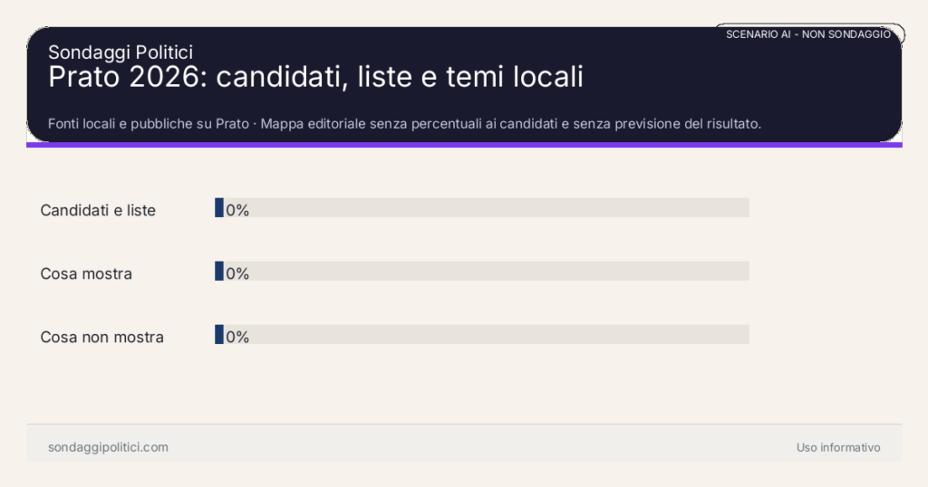 NON È UN SONDAGGIO Fonti locali e pubbliche su Prato Mappa editoriale senza percentuali ai candidati e senza previsione del risultato.: Prato 2026: candidati, liste e temi locali. Risultati: Candidati e liste 0%, Cosa mostra 0%, Cosa non mostra 0%. Non è un sondaggio reale, non deriva da interviste e non costituisce previsione elettorale.