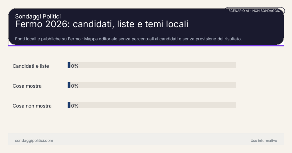 NON È UN SONDAGGIO Fonti locali e pubbliche su Fermo Mappa editoriale senza percentuali ai candidati e senza previsione del risultato.: Fermo 2026: candidati, liste e temi locali. Risultati: Candidati e liste 0%, Cosa mostra 0%, Cosa non mostra 0%. Non è un sondaggio reale, non deriva da interviste e non costituisce previsione elettorale.