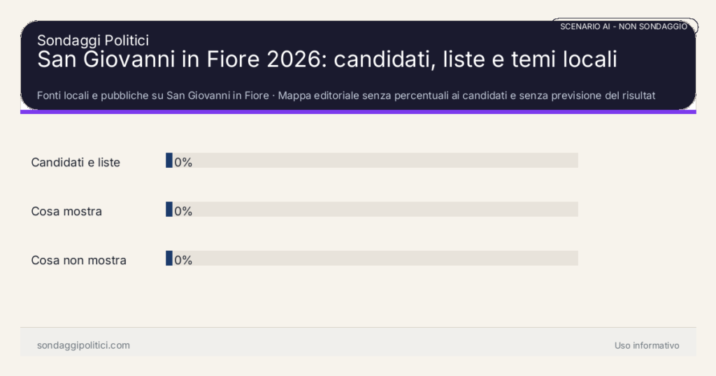 NON È UN SONDAGGIO Fonti locali e pubbliche su San Giovanni in Fiore Mappa editoriale senza percentuali ai candidati e senza previsione del risultato.: San Giovanni in Fiore 2026: candidati, liste e temi locali. Risultati: Candidati e liste 0%, Cosa mostra 0%, Cosa non mostra 0%. Non è un sondaggio reale, non deriva da interviste e non costituisce previsione elettorale.