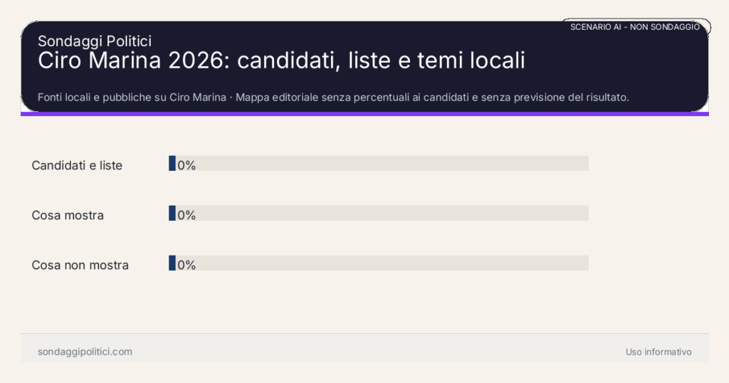 NON È UN SONDAGGIO Fonti locali e pubbliche su Ciro Marina Mappa editoriale senza percentuali ai candidati e senza previsione del risultato.: Ciro Marina 2026: candidati, liste e temi locali. Risultati: Candidati e liste 0%, Cosa mostra 0%, Cosa non mostra 0%. Non è un sondaggio reale, non deriva da interviste e non costituisce previsione elettorale.