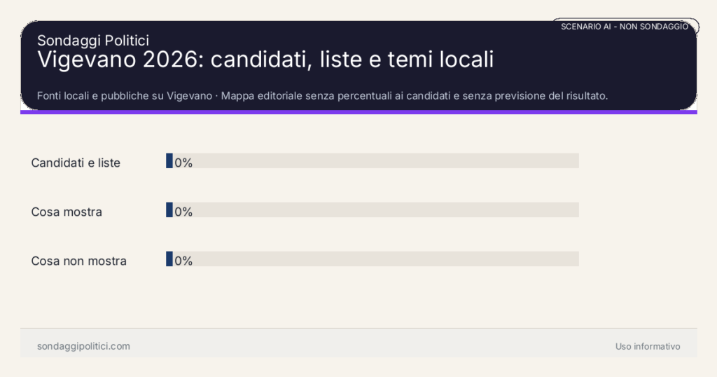 NON È UN SONDAGGIO Fonti locali e pubbliche su Vigevano Mappa editoriale senza percentuali ai candidati e senza previsione del risultato.: Vigevano 2026: candidati, liste e temi locali. Risultati: Candidati e liste 0%, Cosa mostra 0%, Cosa non mostra 0%. Non è un sondaggio reale, non deriva da interviste e non costituisce previsione elettorale.